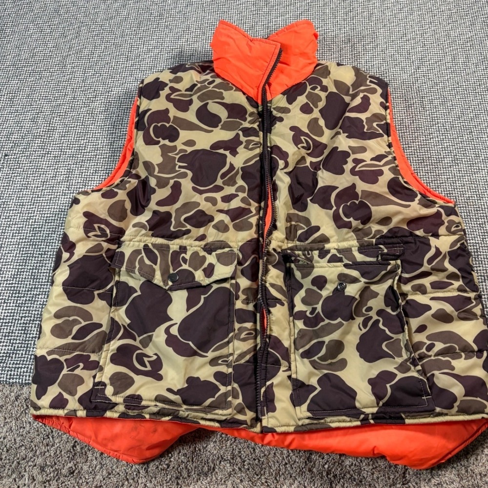 Vintage Style Reversible Duck Camo Blaze Orange Hunting Puffer Vest Mens XL